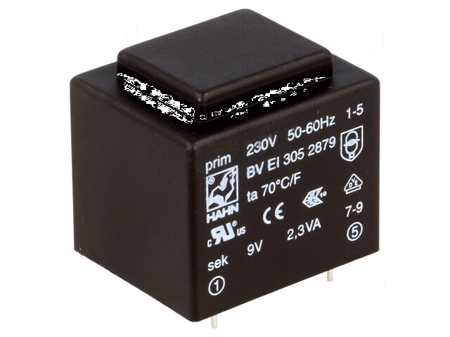 Transformator: ingegoten; 2,3VA; 230VAC; 9V; 255mA; PCB; BVEI Transformator: ingegoten; 2,3VA; 230VAC; 9V; 255mA; PCB; BVEI